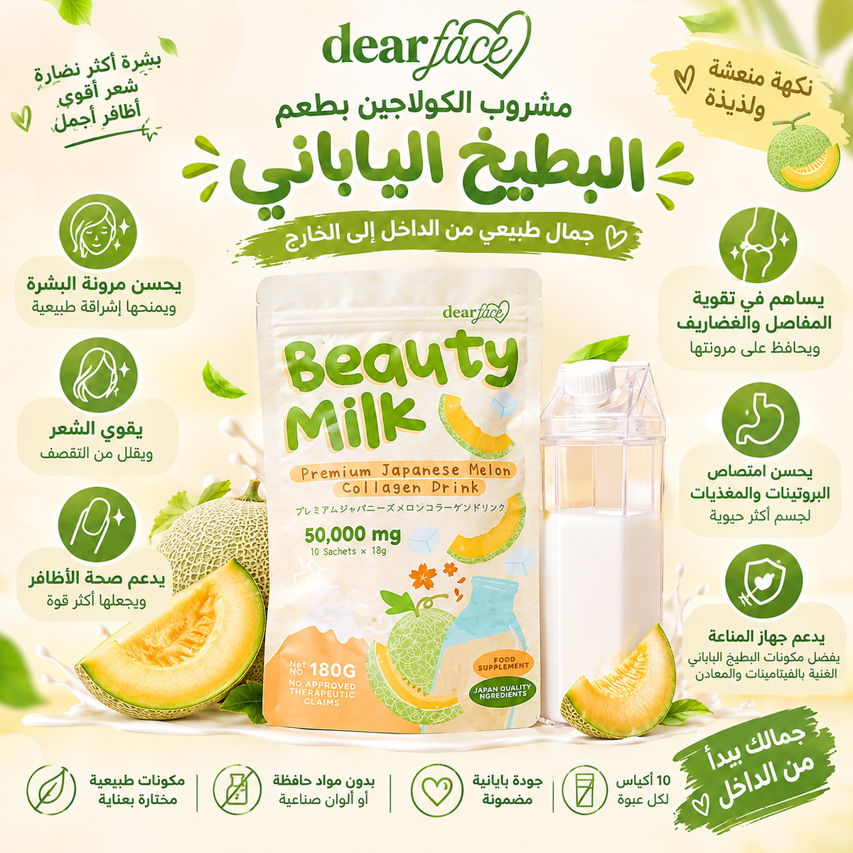 Dear Face Beauty Milk Premium Strawberry Glutathione بطعم البطيخ الياباني